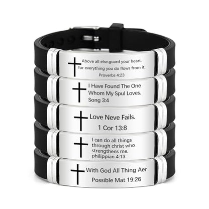 2Pcs Cross Bracelet with Bible Verse,Inspirational Quote Wristband Adjust Silicone Band Scripture Bracelets Faith Inspirational Baptism Gift Daily Reminder Jewelry for Men Women Couples - style: Mat 19 26