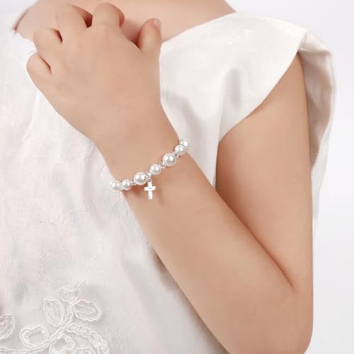 Pearl Cross Bracelets for Girls, Sterling Silver Baby Bracelet, Baptism Gifts for Girl, Christening and First Communion Christian Jewelry Gift for Kids