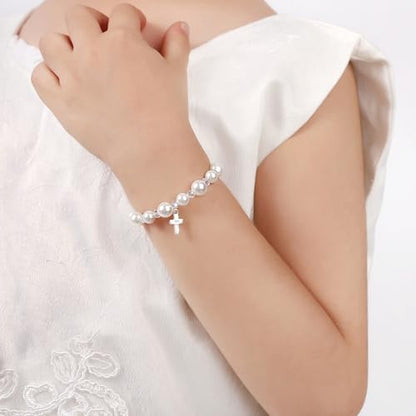 Pearl Cross Bracelets for Girls, Sterling Silver Baby Bracelet, Baptism Gifts for Girl, Christening and First Communion Christian Jewelry Gift for Kids
