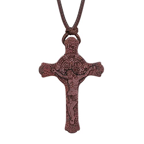 COTTVOTT Wood Orthodox Cross Pendant Necklace Christian Crucifix Necklace Prayer Jesus for Women Men - style: F-Red Color