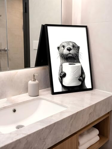 LBTZEVIR Framed Black and White Bathroom Wall Art Funny Otter 8x10In - color: Black and White, size: 8"L x 10"W