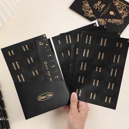 Laminated Bible Tabs, Gold Foil Embossed Lettering Bible Index Tabs for Women Men, Reposition Large Print Sticky Labels, Easy to Read and Apply, 105 Labels for Easy Navigation, Black - style: Gold Foil Black