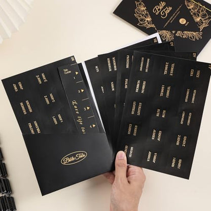 Laminated Bible Tabs, Gold Foil Embossed Lettering Bible Index Tabs for Women Men, Reposition Large Print Sticky Labels, Easy to Read and Apply, 105 Labels for Easy Navigation, Black - style: Gold Foil Black