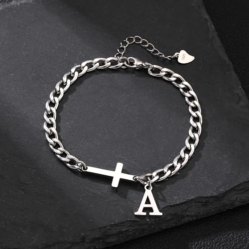 Cross Bracelets for Men Initial A - Z Faith Cross Bracelets Gifts - color: Silver A