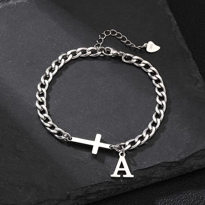 Cross Bracelets for Men Initial A - Z Faith Cross Bracelets Gifts - color: Silver A
