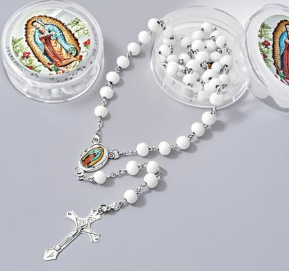 48 Pcs Scented Rosary Necklace Set with Gift Box – Wooden Bead Rosary with Crucifix for Women & Men, First Communion, Baptism, Party Favors - color: White