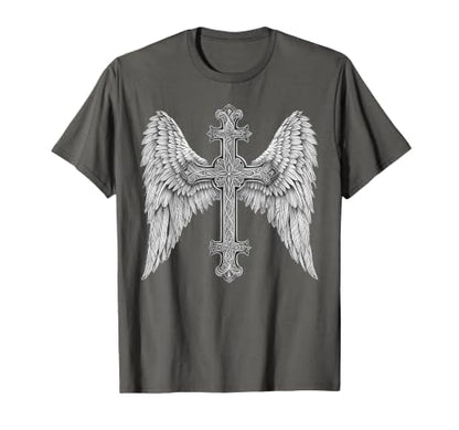 Gothic Cross and Angle Wings Graphic Punk Style Mens Womens T-Shirt - color: Asphalt Grey, size: Small