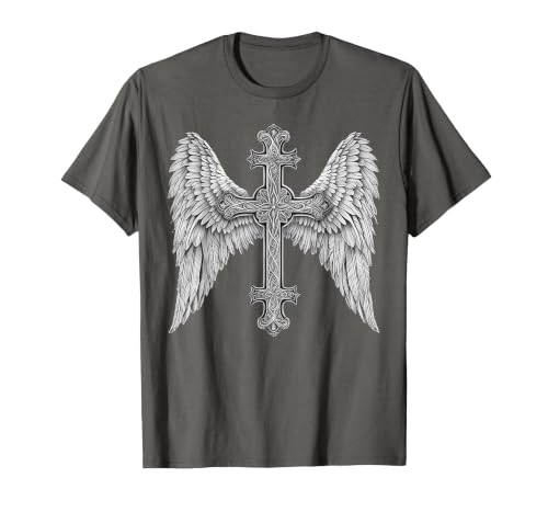 Gothic Cross and Angle Wings Graphic Punk Style Mens Womens T-Shirt - color: Asphalt Grey, size: 4X-Large