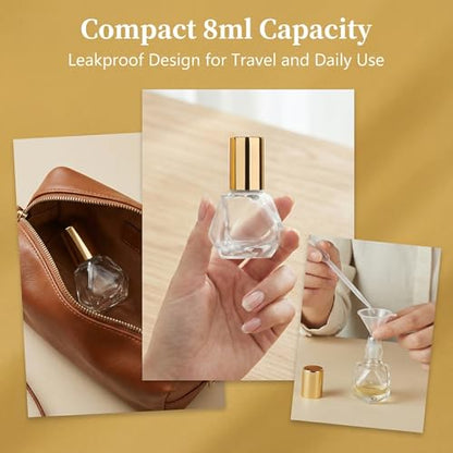 2PCS Anointing Oil Bottles Mini Clear Glass Roller Bottle 8ml/0.27oz with Stainless Steel Ball and Gold Cap Empty Small Roll On Container for Essential Oils Perfume Fragrance Kit