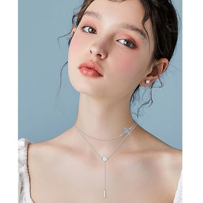 DAOCHONG S925 Sterling Silver Sideways Cross Choker Necklace 14+4 Inch - color: Silver-Created Turquoise Layer 1