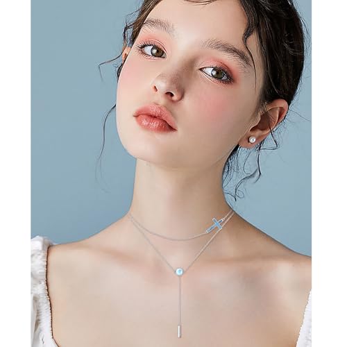 DAOCHONG S925 Sterling Silver Sideways Cross Choker Necklace 14+4 Inch - color: Silver-Created Turquoise Layer 1