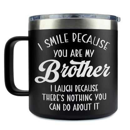 14 Oz Tumbler for Brother – Christmas, Birthday Present from Sister or Brother, Funny Drinkware for Him - color: Brother Smile