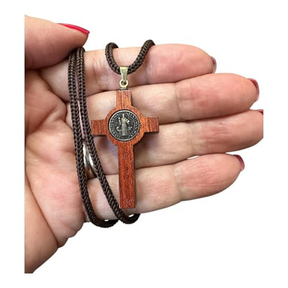 Catholica Shop Saint Benedict Medal Wood Crucifix Cord Necklace for Men & Women – Handcrafted Religious Pendant, Healing, Travel Protection, Perfect for Gifting on Special Occasions, Made in Brazil - style: Small Antique Gold