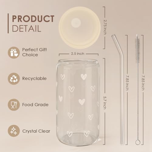 SANDJEST Heart 16oz Can Glass Tumbler with Acrylic Lid & Straw, Iced Coffee Cup for Women, Aesthetic Cups Gifts for Birthday Christmas Valentine - color: Heart