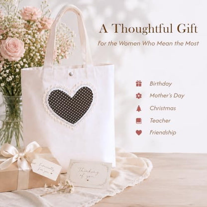 Christian Tote Bag Gift for Women, Canvas Bible Bag Handmade Floral Cross - color: White-brown Polka Dot