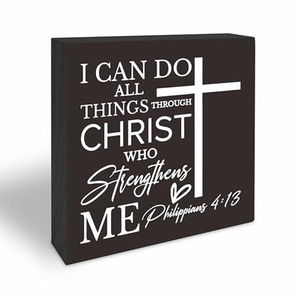 5 Inches Black Christian Bible Verse Wooden Sign - I Can Do All Things Through Christ Who Strengthens Me - Motivational Gift For Friends Family -Tabletop,Shelf, Home & Office Decorations -(A06)