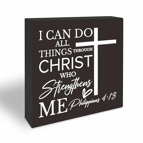 5 Inches Black Christian Bible Verse Wooden Sign - I Can Do All Things Through Christ Who Strengthens Me - Motivational Gift For Friends Family -Tabletop,Shelf, Home & Office Decorations -(A06)