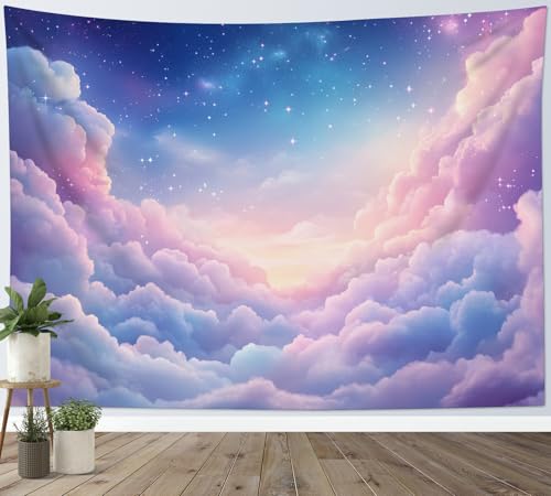 LB Pink Cloud Tapestry for Bedroom- Blue Starry Sky Wall Tapestry- Aesthetic Nature Scenery Wall Decor Tapestries for Living Room College Dorm,60Wx40H inches - color: Pink Blue, size: 40"L x 60"W