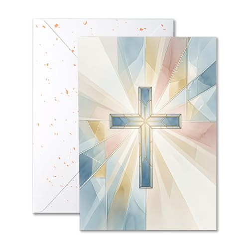 Easter Religious Greeting Card, Single Card – Pastel Stained Glass Cross – Blue, Pink and Gold Light Rays, 5x7 Inches with Speckled Envelope for Confirmation, Baptism or Sympathy - color: Stained Glass Cross