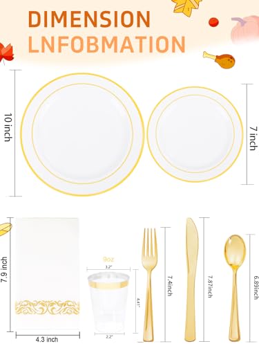 WDF 175PCS White and Gold Plastic Plates - Gold Plastic Plates - 25 Guest Thanksgiving Disposable Dinnerware Sets Include 50 Plate, 25 Cutlery, 25 Napkins and 25 Cups for Party/Thanksgiving/Wedding - color: Gold, size: 175 pieces
