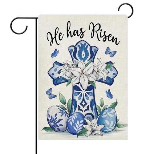 Dyrenson Christian Easter Cross Chinoiserie Decorative Garden Flag - color: Blue White Cross, size: 12" x 18"
