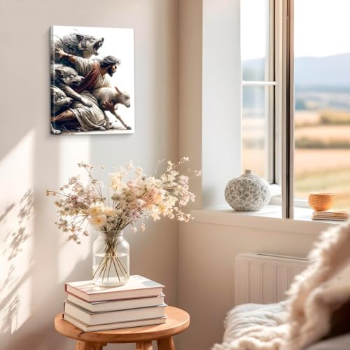 Christian Good Shepherd Wall Art Jesus Saves Lamb Canvas Print Framed - color: color-S