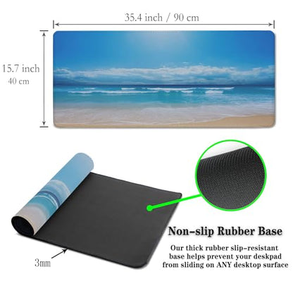Desktop Mouse Pad Blue Full Desk Mat Large Mouse Pads Desktop Mats Large Mouse Mat Non-Slip Rubber Base Waterproof with Stitched Edges 35.4" X 15.7" for Game Office, Sea Water and Beach - color: Blue Sea Water And Beach