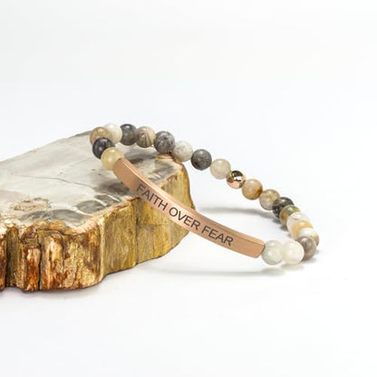Inspirational Christian Bracelet for Women, Bamboo Leaf Agate Beaded Bible Verse Jewelry, 18K Gold Plated Religious Faith Gift, Scripture Encouragement Jewelry for Her - color: FAITH OVER FEAR-Bamboo Agate Rose Gold