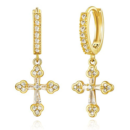 KissYan 14K Gold Plated Huggie Earrings for Women, S925 Sterling Silver Small CZ Cross Hoop Dangle Drop Earrings, Hypoallergenic Dainty Handmade Jewelry - style: Cross