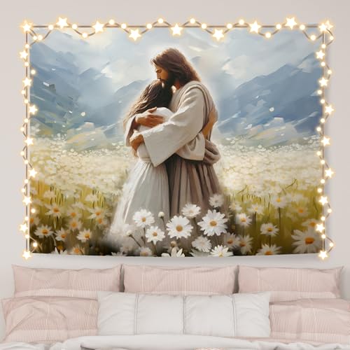 AQYIP Jesus Hugs Woman Christian Tapestry, Daisy Flower Field Jesus Tapestry Decorative, Christian Room Decor, Religious Wall Tapestries Blanket Decor for Home Office Church, 50x60 Inch - color: jesus