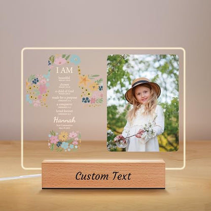 Personalized First Communion Pictrue Frame for Boys Girls, Custom Catholic Baptism Gifts for Kids, Customized Baby Gifts, Baby Shower Baptismal Decorations Sign with Name Night Light, Pictrue Frame