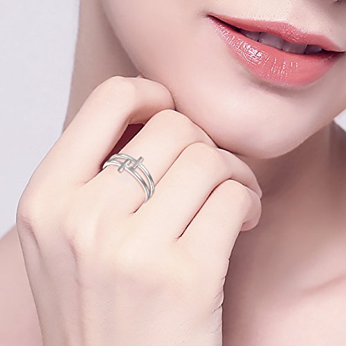 FLYOW Inspirational Jewelry Sterling Silver Engraved Faith Double Cross Ring Christian Fashion Band Ring for Women Mother, Size 5-10