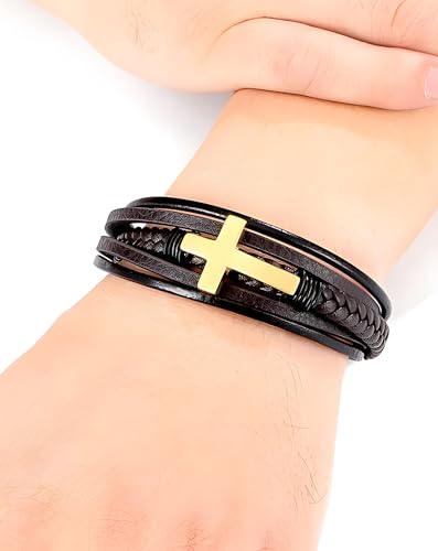 Cross Leather Bracelet for Men, Multi-Layer Braided Mens Religious Cuff Bracelets with Stainless Steel Clasp Anniversary Father's Day Birthday Christmas Jewelry Gifts for Him - color: Silver Clasp & Brown Leather
