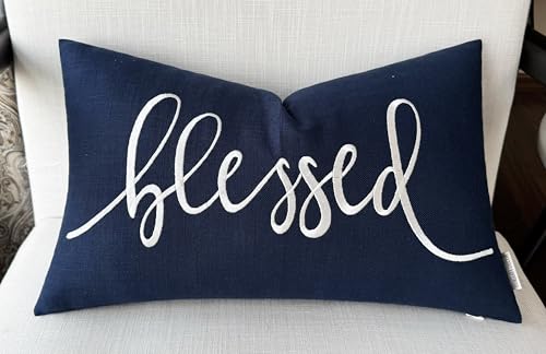 EURASIA DECOR Blessed Embroidered Lumbar Pillow Cover 12x20, Navy Blue - color: Navy Blue