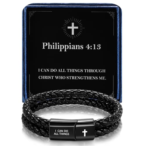 Christian Bracelet for Men, Bible Verse Leather Cross Gift for Men - color: B-Philippians 4:13