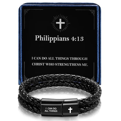 Christian Bracelet for Men, Bible Verse Leather Cross Gift for Men - color: B-Philippians 4:13