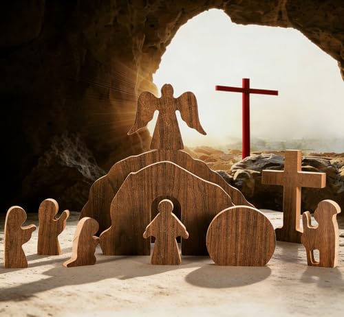 JarThenaAMCS Empty Tomb Easter Table Scene and Cross Decoration Wooden Jesus Nativity Scene He is Risen Centerpiece for Christian Party Home Tabletop Tray Decor, Set of 10 Pcs