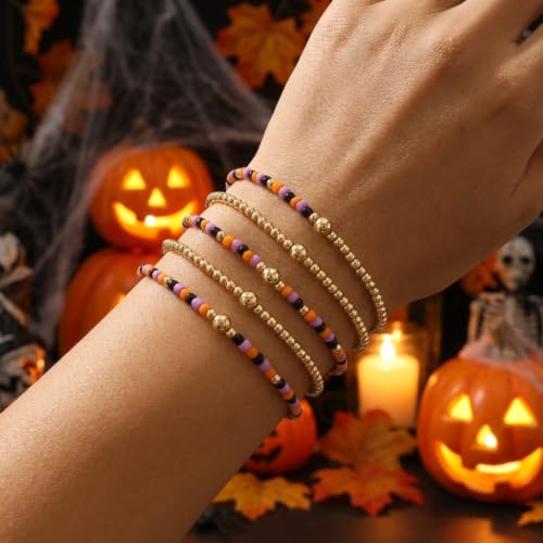 Gold Pearl Beaded Cross Bracelets Stack Set for Women, Boho Handmade Colorful Small Beads Stretchable Jewelry Friendship Summer Trendy Gift. - color: black and orange