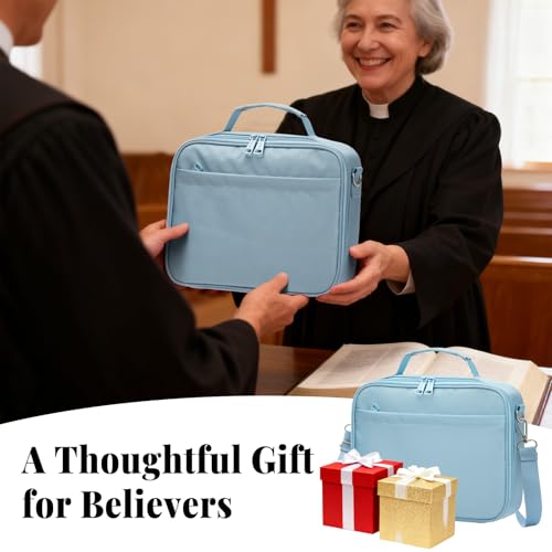SUNEE Bible Cover for Women, Large Bible Bag w/Shoulder Strap Carrying Book Case w/Pen Slots and Zippered Pocket, Gift for Women & Men, Blue
