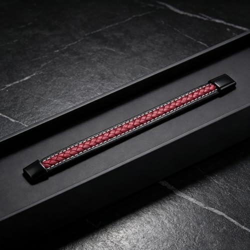 Kim Carrey Italian Handmade Leather Bracelets for Men - color: Black Red, size: 8.6"