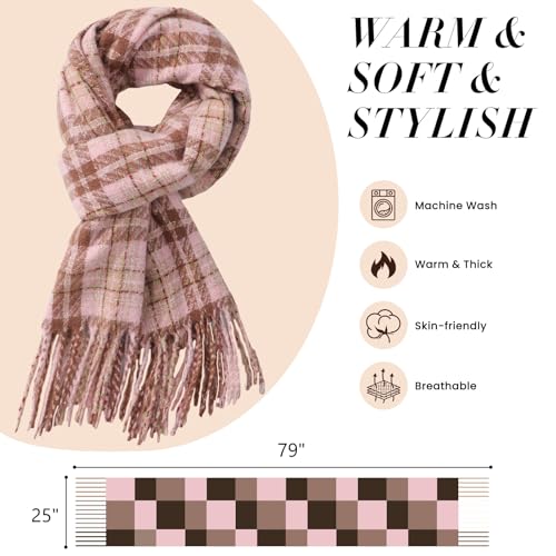 Winter Scarf for Women Plaid Long Oversized blanket Shawl Wraps Gift - color: Pink & Coffee