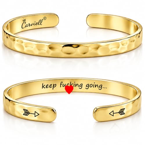 Carviell Bracelets for Women – 100+ Meaningful Engraved Messages – Solid 316L Surgical Stainless Steel Cuff Bracelet – Gift Ready - color: BADASS Gift - Keep F##king Going - GOLD