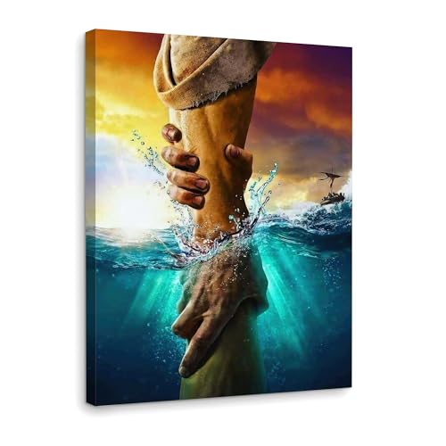 Framed Jesus Christ Canvas Wall Art The Hand of God Jesus Reaching Into Water Christian Painting Prints Biblical Wall Decor Religious Room Decor for Church Prayer Room Schools Hospitals 12" x 16" - color: Jesus 3, size: 16"L x 12"W