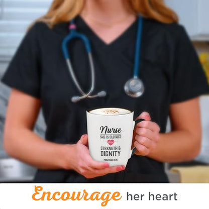 Christian Art Gifts Inspirational Ceramic Coffee & Tea Scripture Mug for Women Nurses: Strength & Dignity Encouraging Proverb, Microwave/Dishwasher Safe Novelty Cup, Cute Heart, White & Black, 12 oz. - color: White & Black/Strength & Dignity Nurse, size: