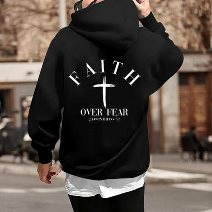 Men Faith Over Fear Christian Cross Graphic Pullover Hoodie - color: Black, size: X-Large