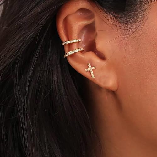 Cross Stud Earrings, Tiny Simple 14K White Gold Plated Small Cubic Zirconia Cross Earrings Stud for Women Men Silver Gold