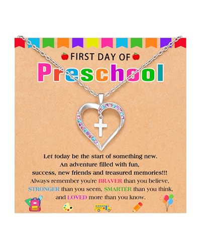 UPROMI Cross Necklace for Girls Back to School Baptism Graduation Gifts - style: First Day of Preschool