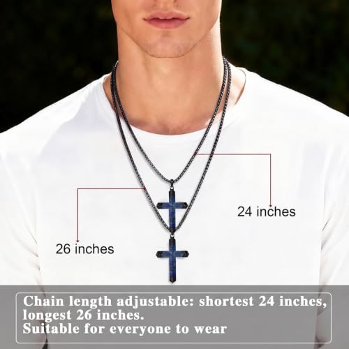 Lapis Lazuli/Amethyst Cross Necklace for Men Waterproof and Sweat-Resistant Suitable for both men and women With Adjustable Box Chain Christian Jewelry Father Day Gifts for Men - color: Blue&Black
