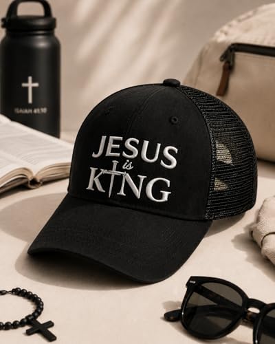 Christian Hat for Men Women - Premium Embroidered Faith Baseball Cap - Religious Jesus Gifts, Mesh Back Trucker Hats - color: Jesus is King-black