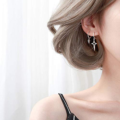 Minimalist Cross Star Dangle Drop Small Hoop Earrings for Women Girls 925 Sterling Silver Charms Huggie Hoops Constellation Tiny Star Cartilage Earring Pierced Ear Crucifix Jewelry - style: Silvery